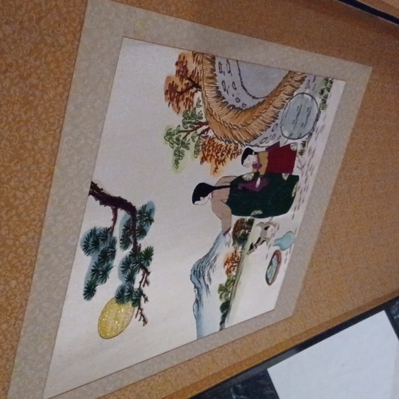 Vintage Korean 2 Panel Screen/Room Divider Embroidered, Scenes 40"x17" ea panel - Picture 4 of 8